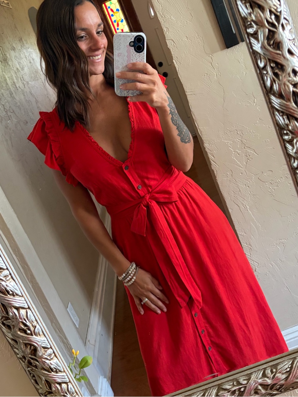 Anthropologie Vibrant Red Button-Front Tie-Waist Midi Dress